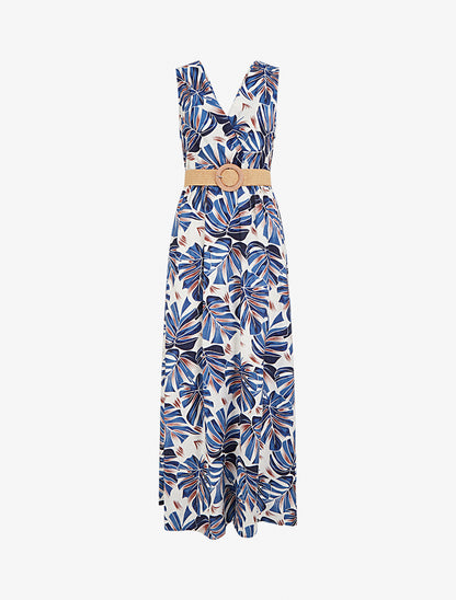 Robe longue évasée sans manches imprimé tropical - Bleu - 1