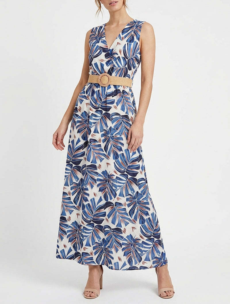 Robe longue cache-cœur imprimé tropical - Bleu