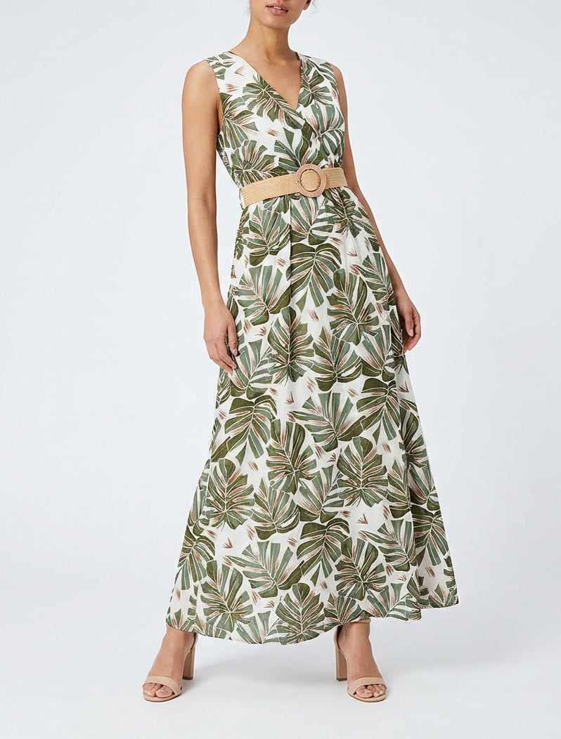 Robe longue cache-cœur imprimé tropical - Kaki