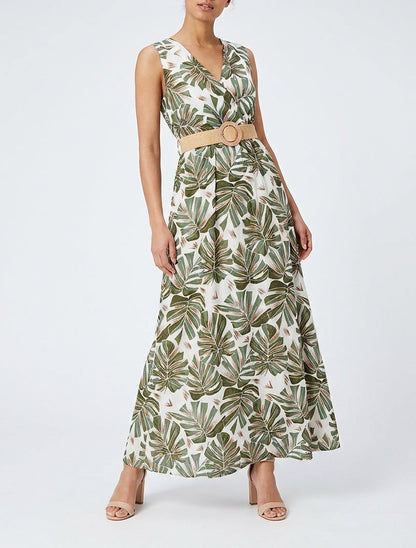 Robe longue cache-cœur imprimé tropical - Kaki