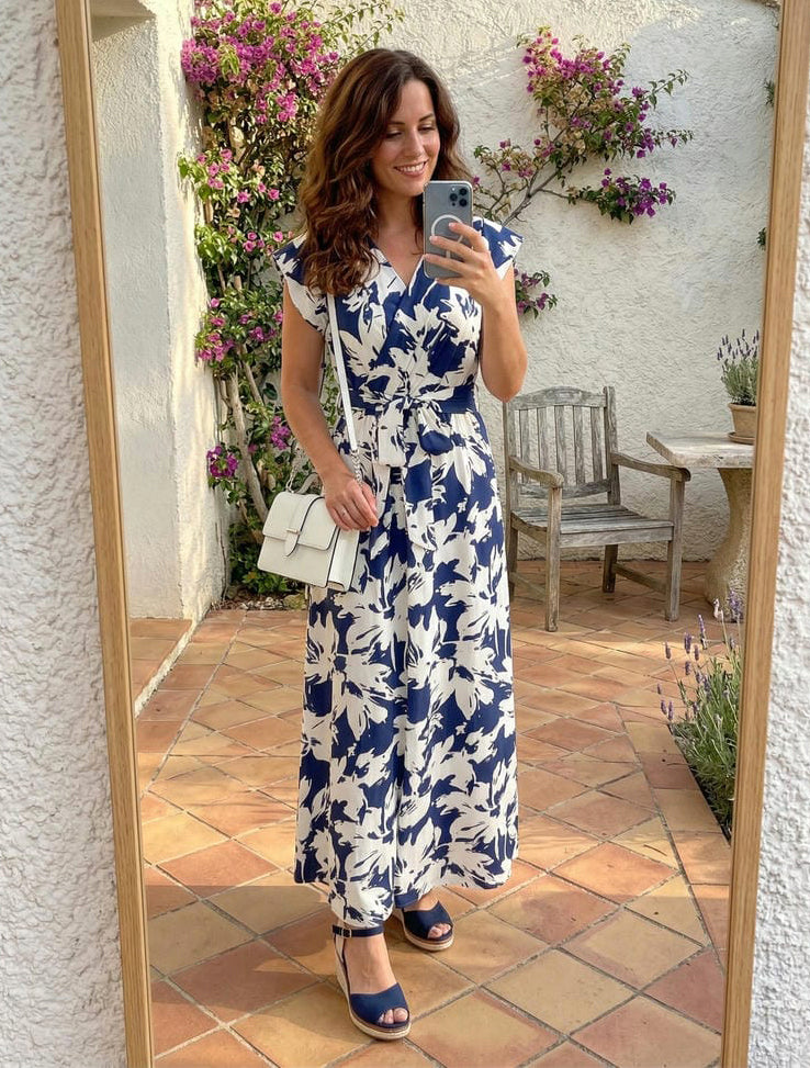 Robe longue cache-cœur imprimé tropical - Marine