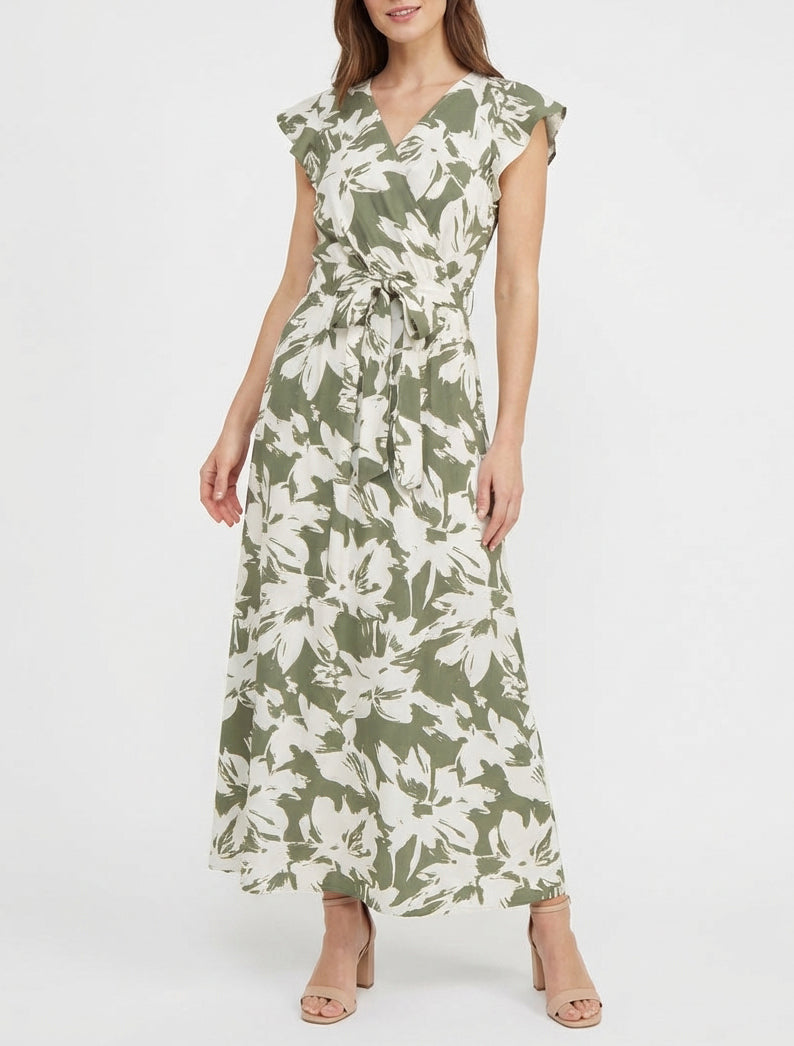 Robe longue cache-cœur à ceinture - Kaki