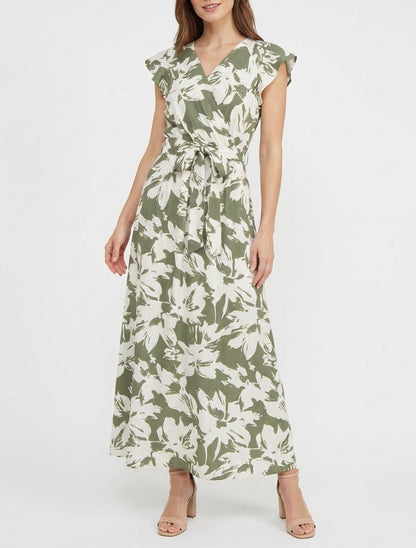 Robe longue cache-cœur à ceinture - Kaki