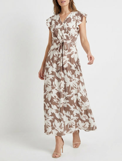 Robe longue cache-cœur à ceinture - Marron