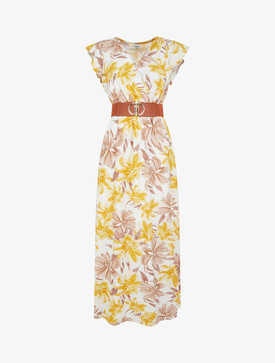 Robe longue imprimé fleuri à manches courtes - Jaune - 1
