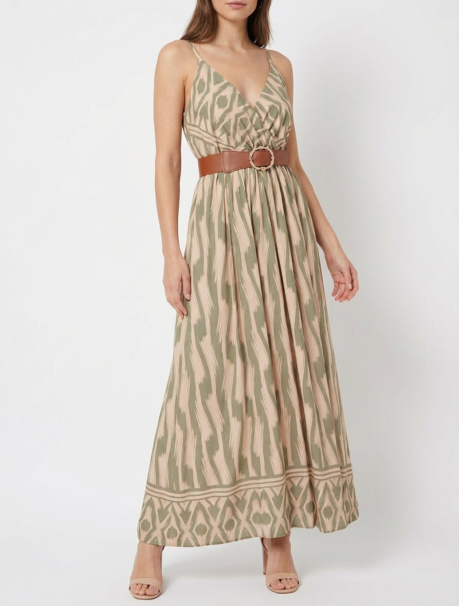 Robe longue coupe empire à bretelles - Kaki