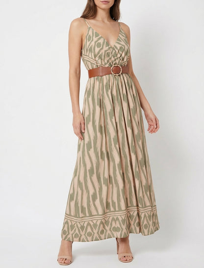 Robe longue coupe empire à bretelles - Kaki