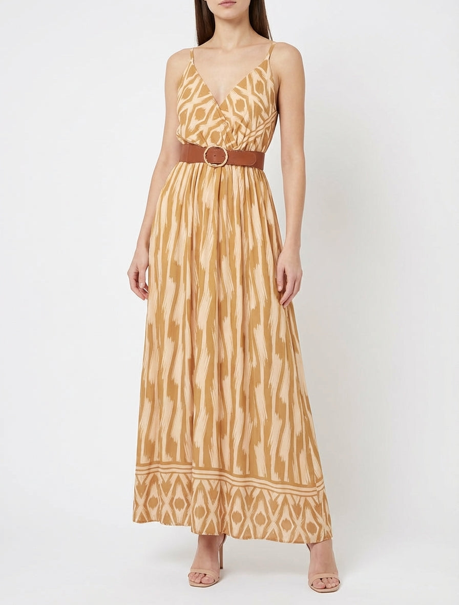 Robe longue col cache-cœur empire - Jaune moutarde