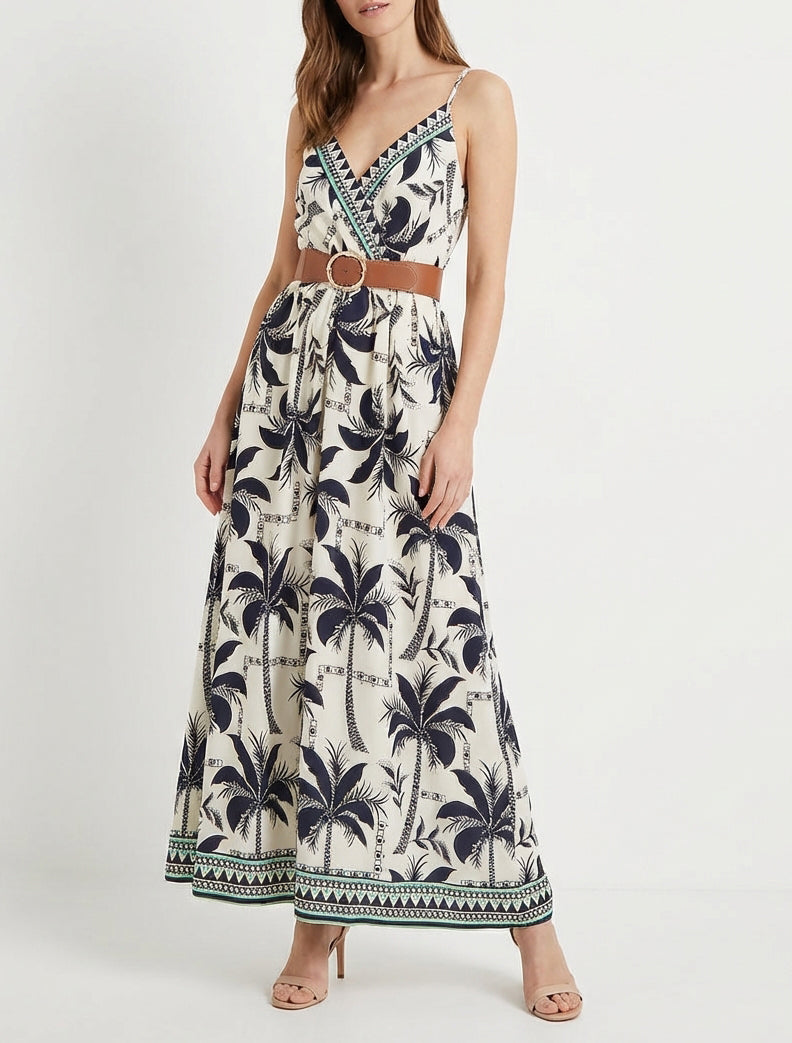 Robe longue cache-cœur à palmiers - Marine