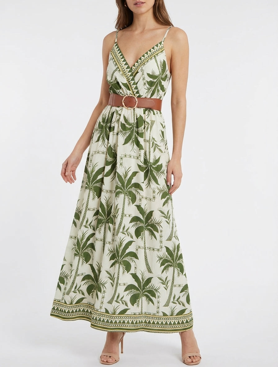 Robe longue cache-cœur à palmiers - Kaki