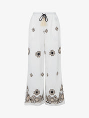 Pantalon brodé à taille haute élastiquée - Blanc - 1