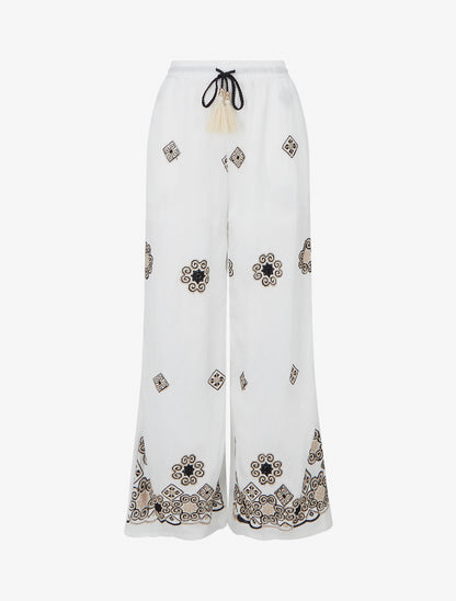 Pantalon brodé à taille haute élastiquée - Blanc - 1