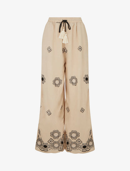 Pantalon brodé à taille haute élastiquée - Beige - 1