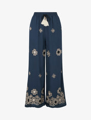 Pantalon brodé à taille haute élastiquée - Marine - 1