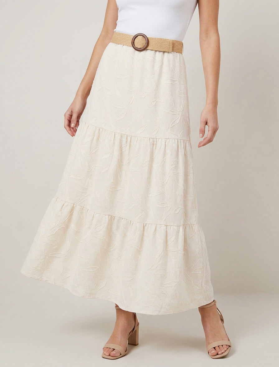 Jupe longue à ceinture texturée - Beige
