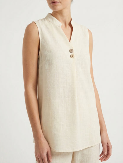 Top droit col V à boutons - Beige
