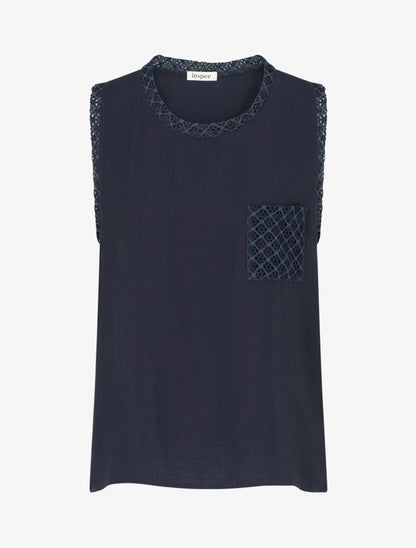 Top sans manches droit à poche en crochet - Marine - 1