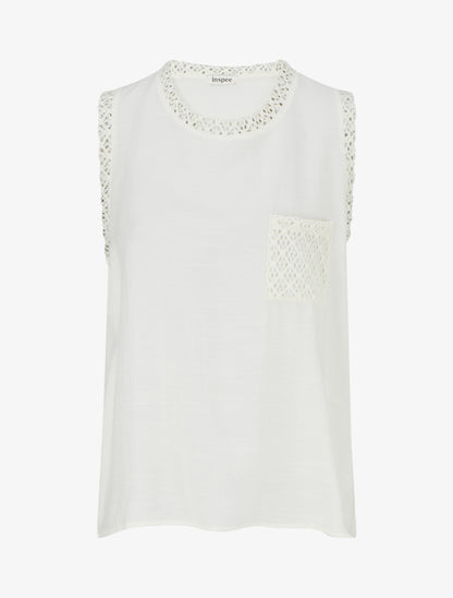 Top sans manches droit à poche en crochet - Écru - 1
