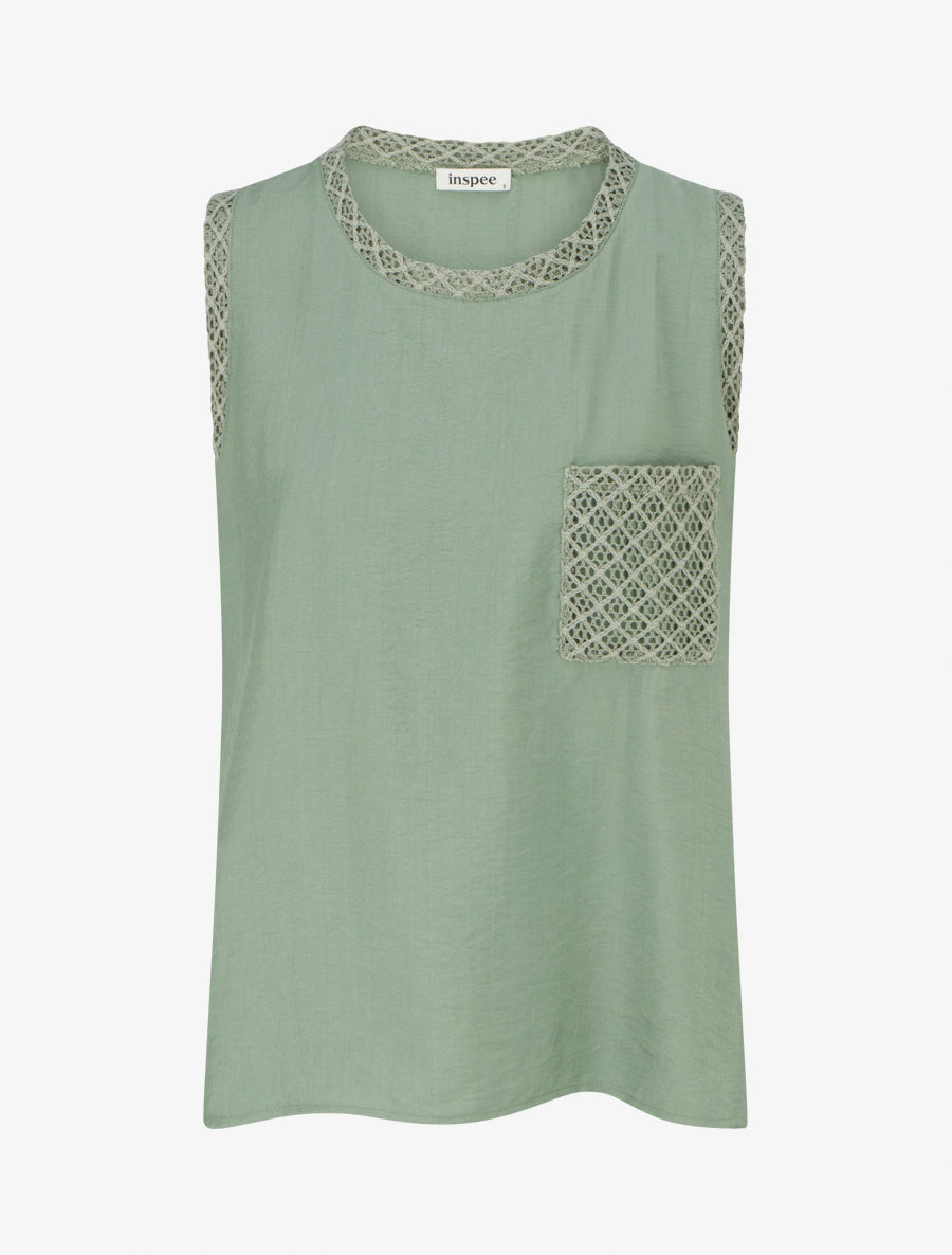 Top sans manches droit à poche en crochet - Kaki clair - 1