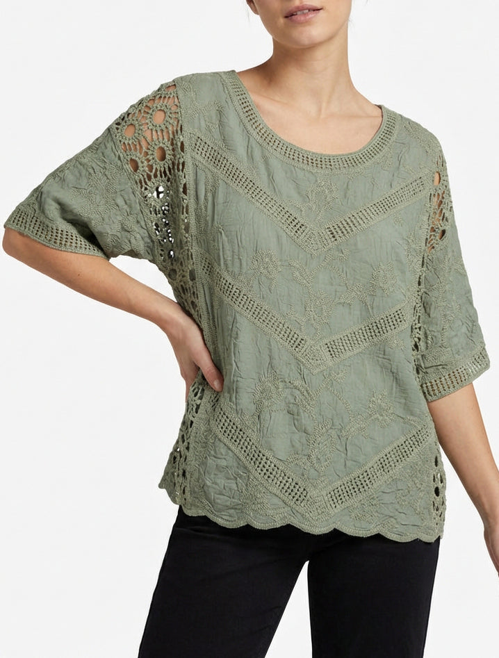 Top ample crochet à broderies - Kaki