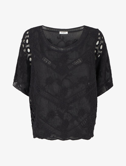 Top ample brodé à manches courtes - Noir - 1