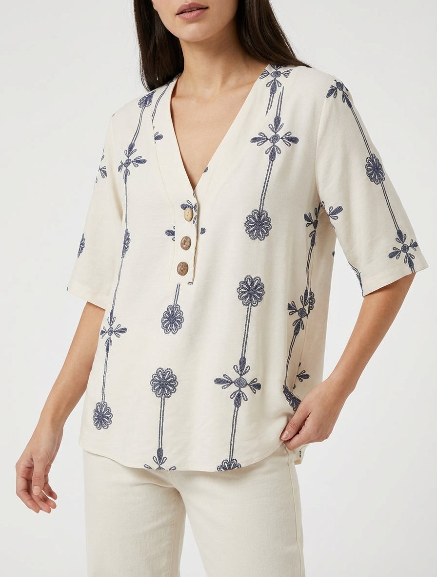 Top fluide col V boutonné imprimé floral - Beige