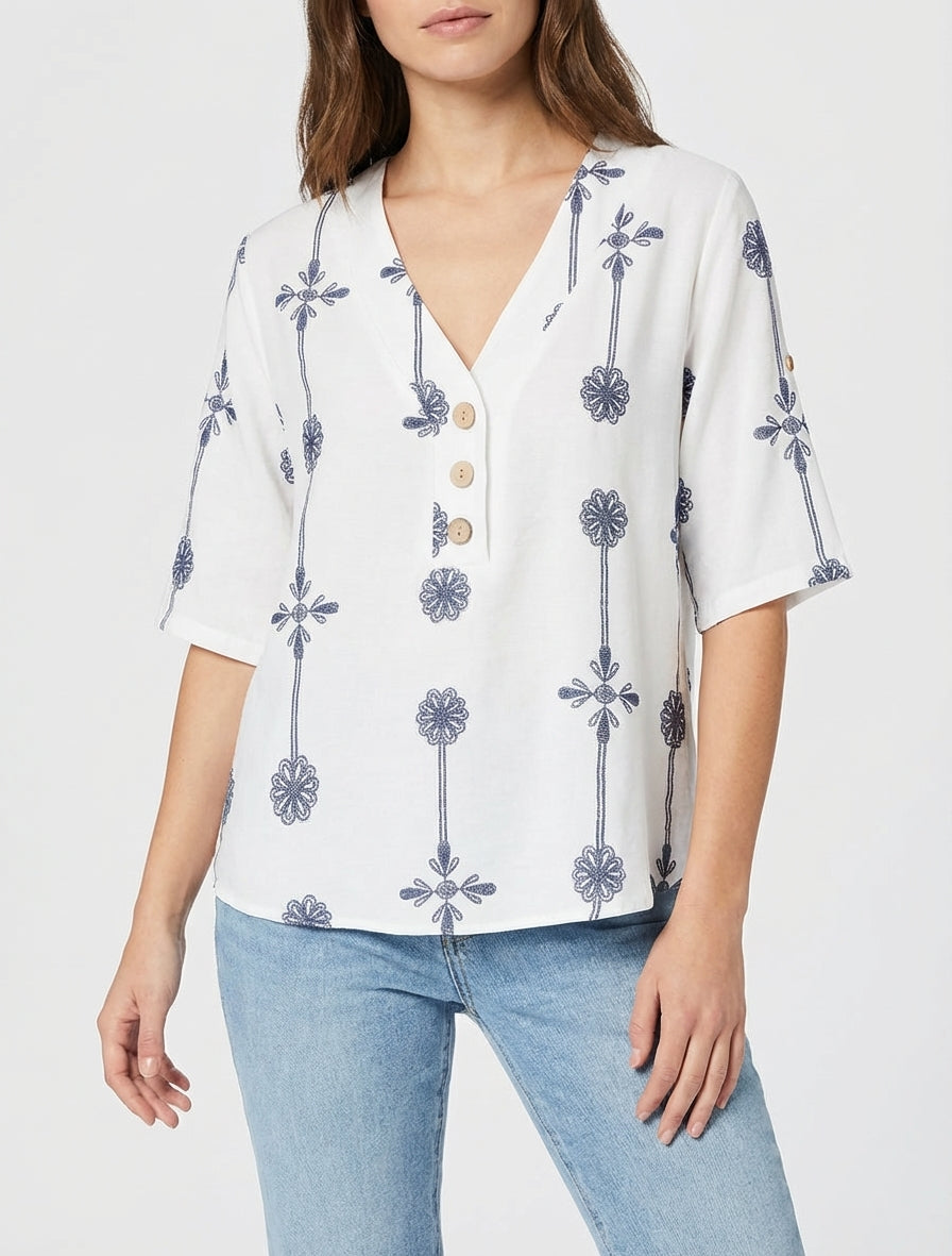 Top ample col V boutonné imprimé floral - Blanc