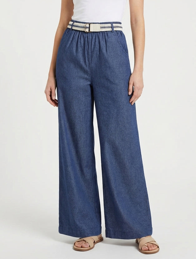 Pantalon fluide taille haute ceinturée - Bleu brut