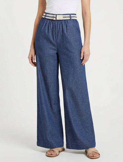 Pantalon fluide taille haute ceinturée - Bleu brut