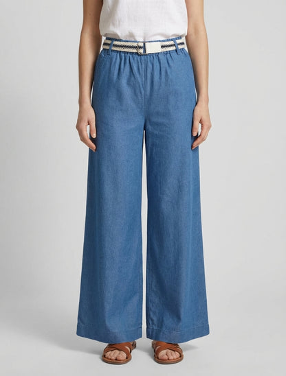 Pantalon fluide ceinturé à enfiler - Bleu denim