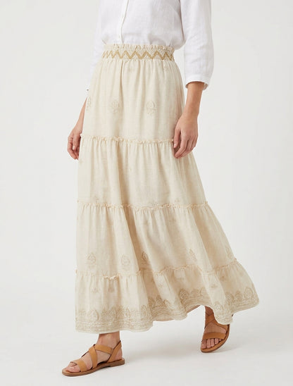Jupe longue taille haute brodée - Beige