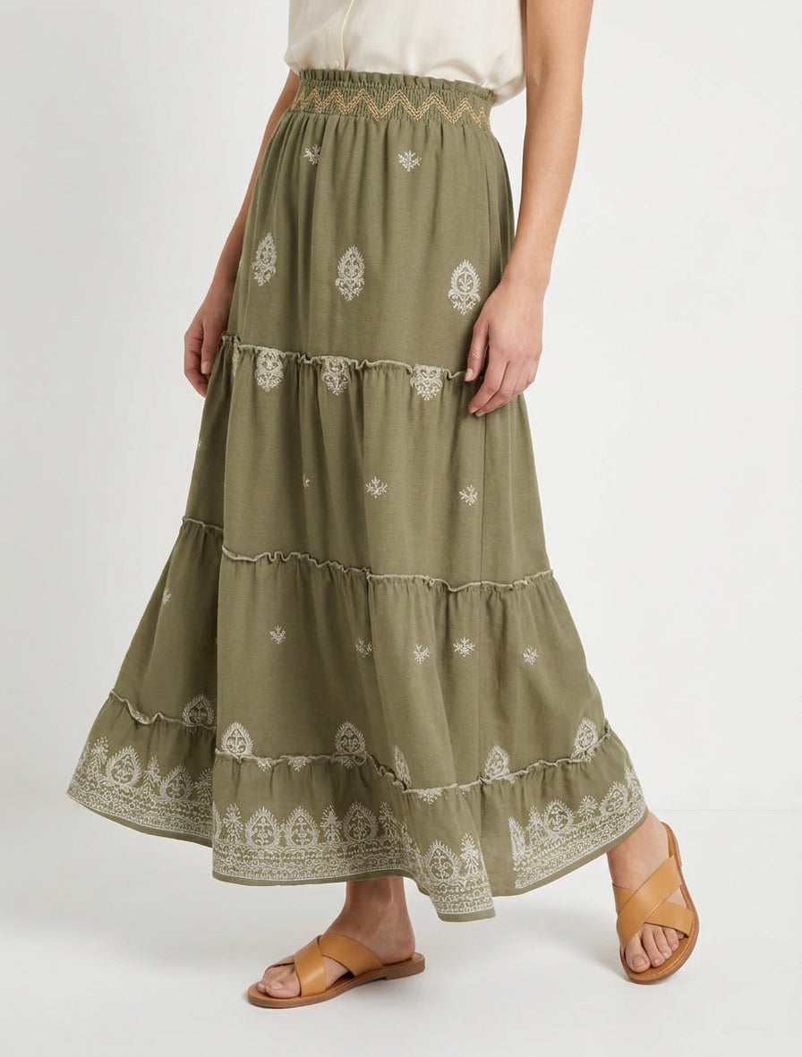 Jupe longue taille haute brodée - Kaki