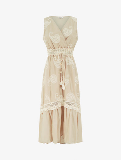 Robe longue à broderie motif cachemire - Beige - 1