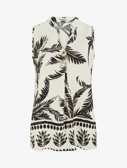 Top imprimé à boutons décoratifs - Beige - 1