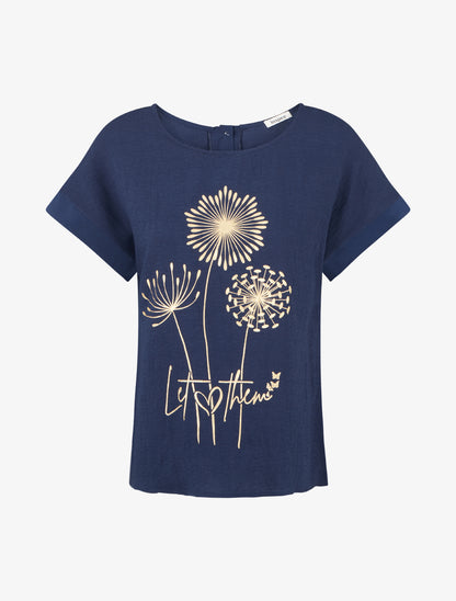 Top manches courtes à flocage pissenlit et message - Marine - 1