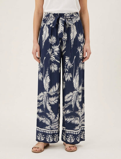 Pantalon fluide taille haute à liens - Marine