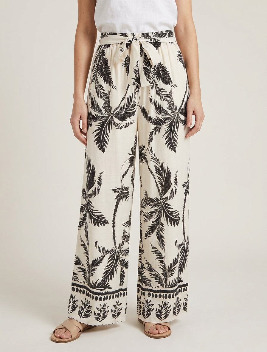 Pantalon fluide taille haute imprimé - Beige