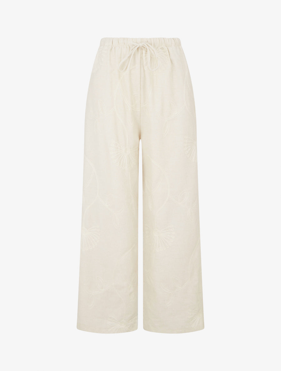 Pantalon ample à broderies florales - Beige - 1