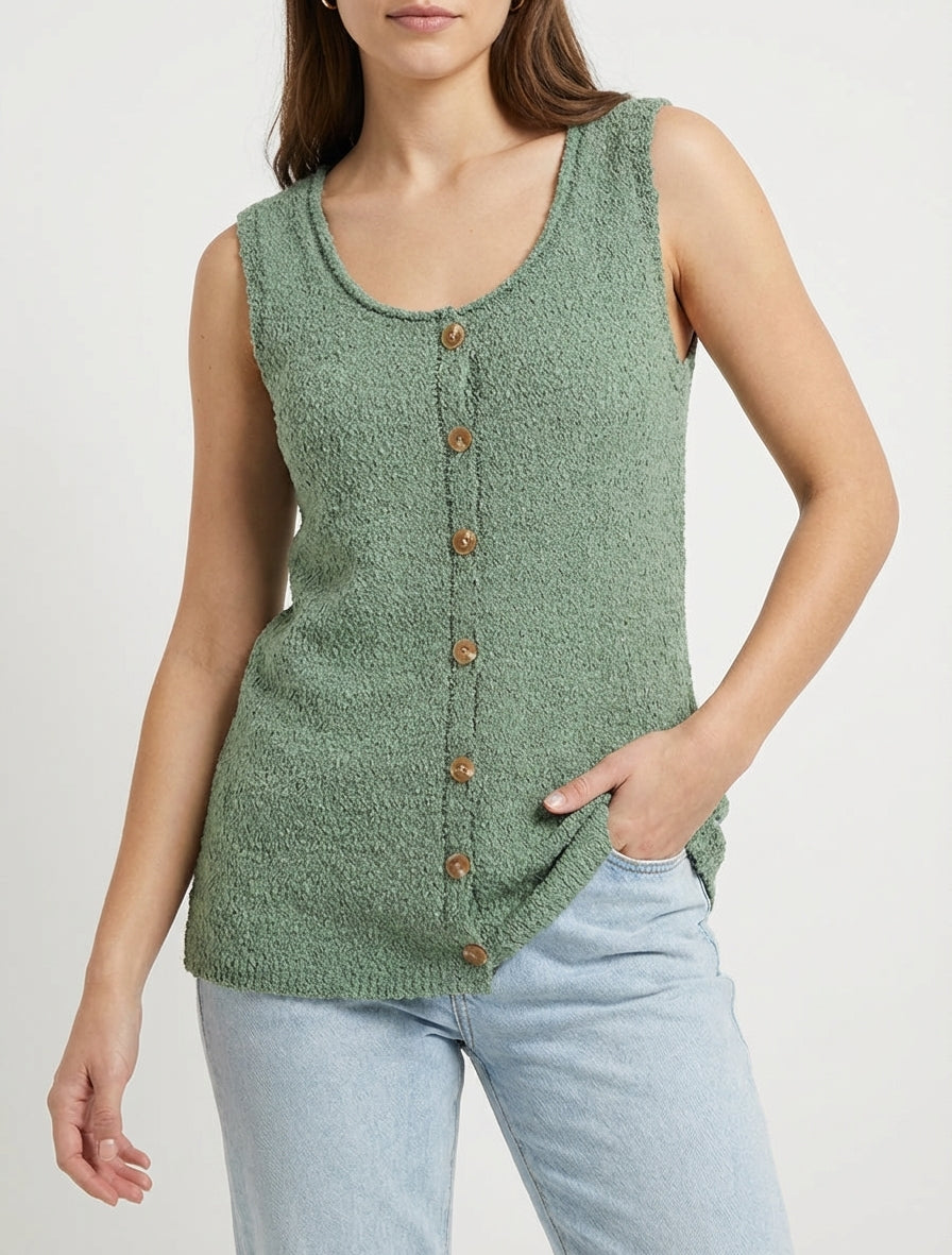 Débardeur maille peau de mouton col rond - Kaki