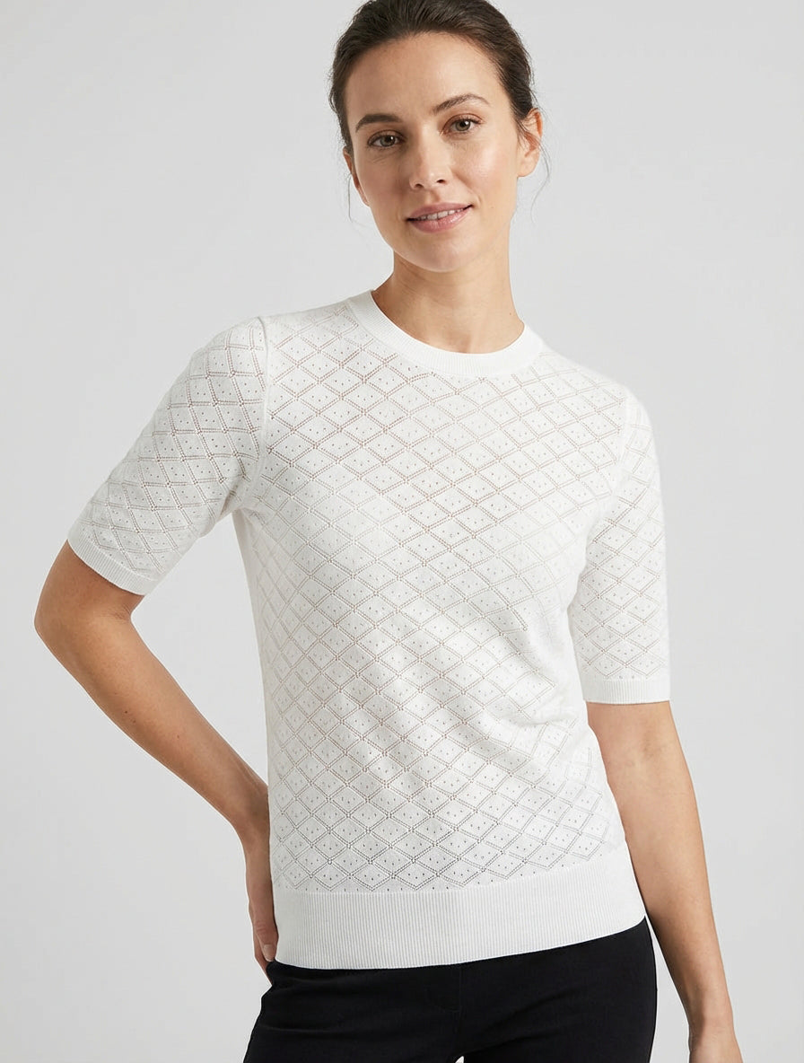 Pull fin à motifs losanges ajourés - Blanc