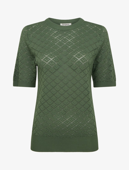 Pull fin à motifs losanges ajourés - Kaki - 1