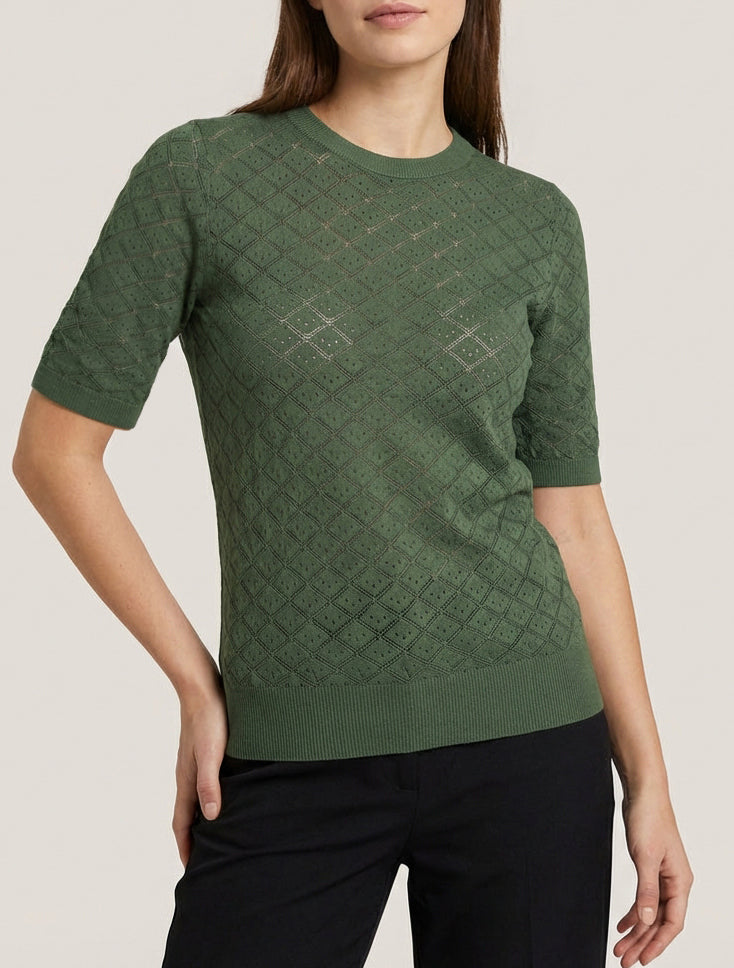 Pull fin à motifs losanges ajourés - Kaki