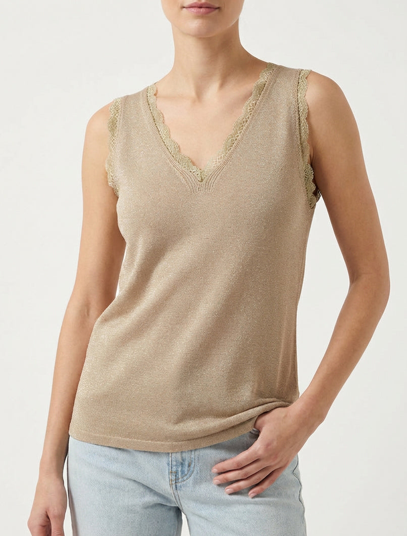 Débardeur col V dentelle irisée - Taupe