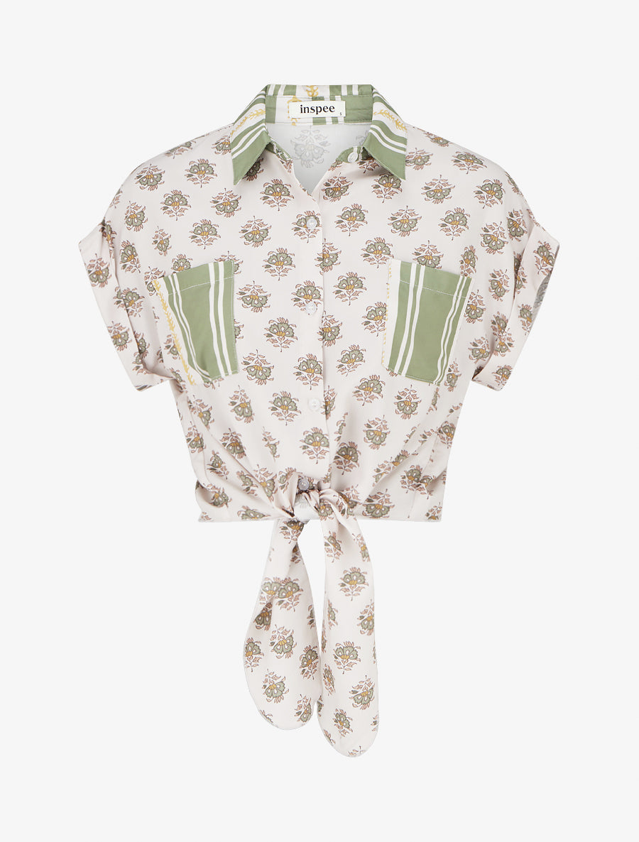 Chemise courte à nouer imprimé floral - Vert olive - 1