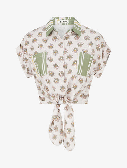 Chemise courte à nouer imprimé floral - Vert olive - 1