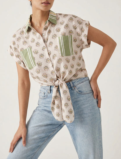 Chemise courte à poches imprimé floral - Vert olive
