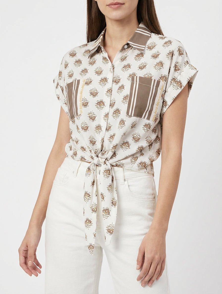 Chemise courte à poches plaquées imprimé floral - Marron