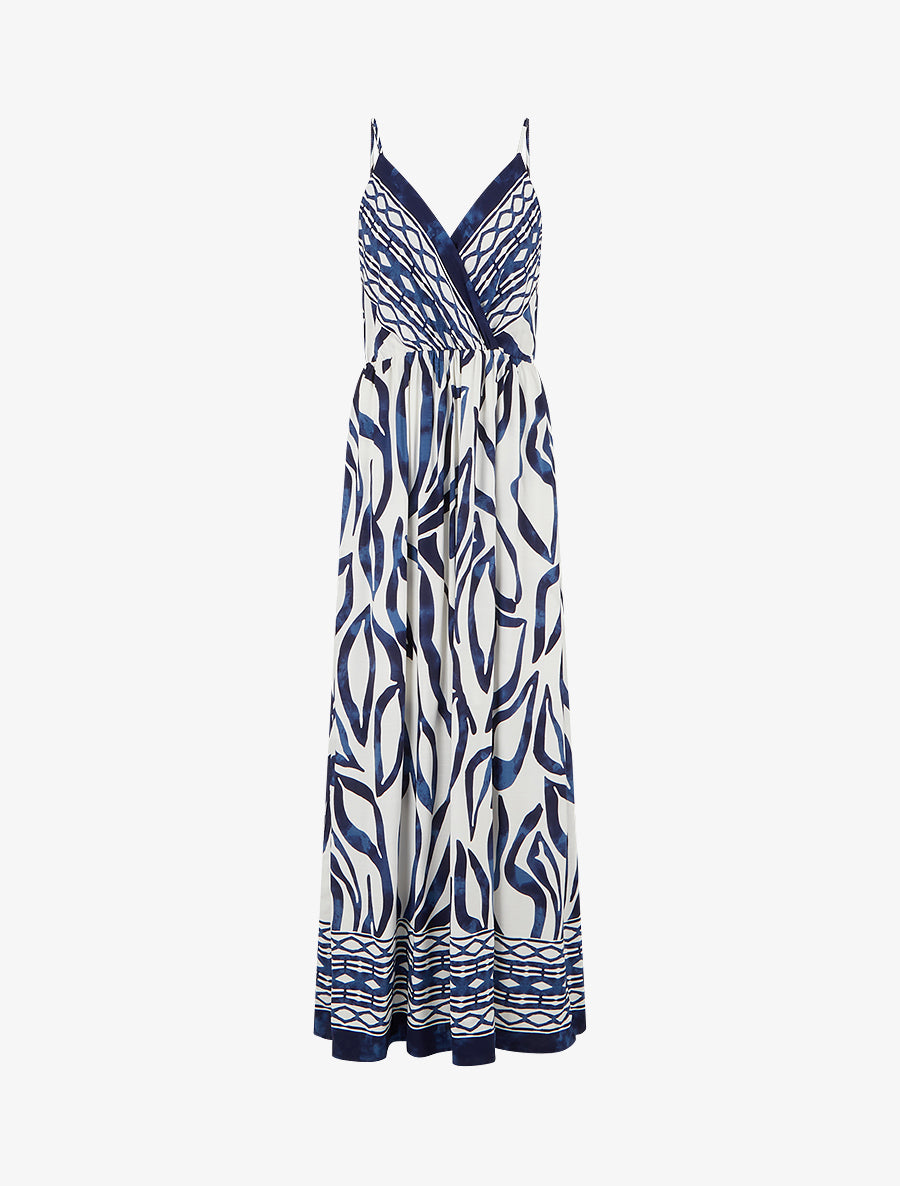 Robe longue élastiquée à imprimé fantaisie - Marine - 1