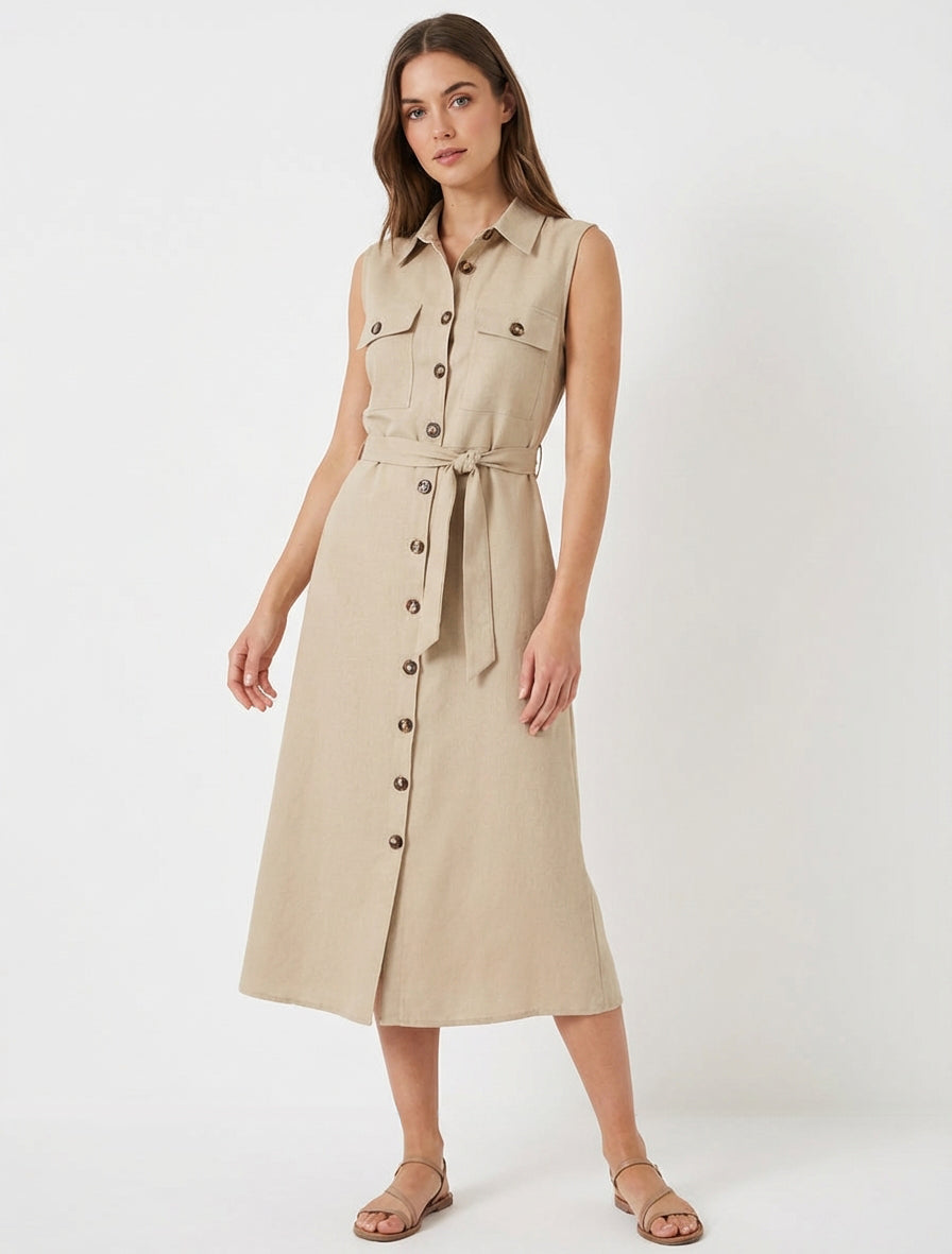 Robe chemise effet lin à ceinture - Beige
