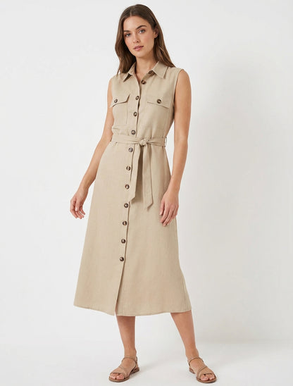 Robe chemise effet lin à ceinture - Beige